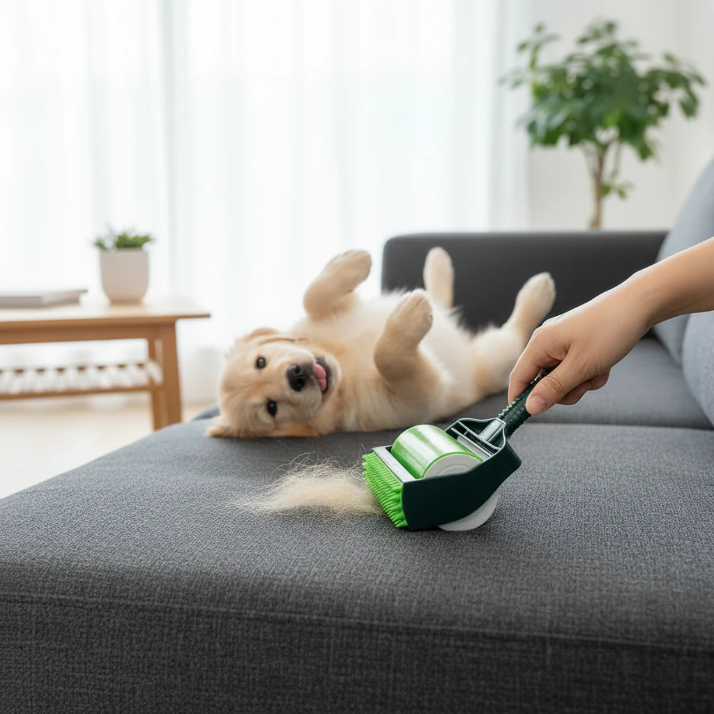 FurVibe CleanRoll in gebruik op sofa met golden retriever