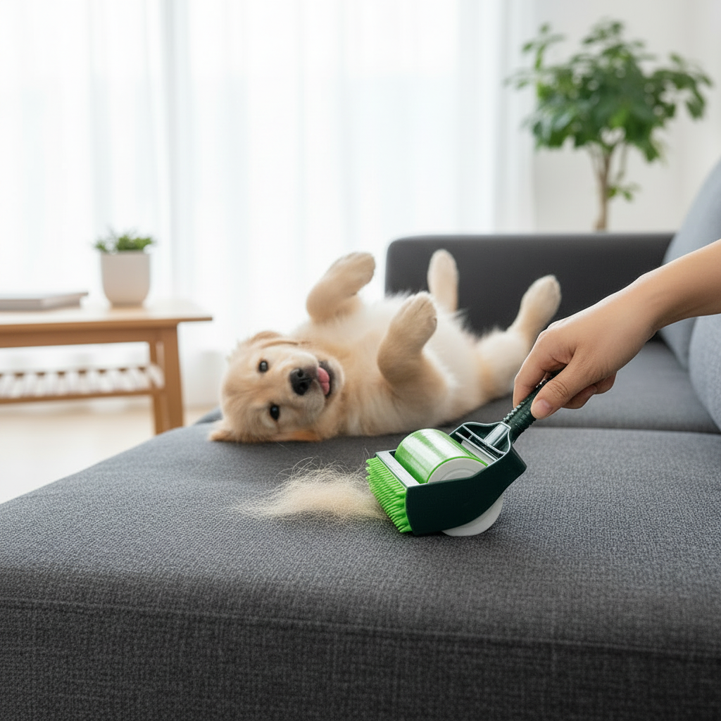 Hond rolt op de zetel terwijl CleanRoll het haar verwijdert